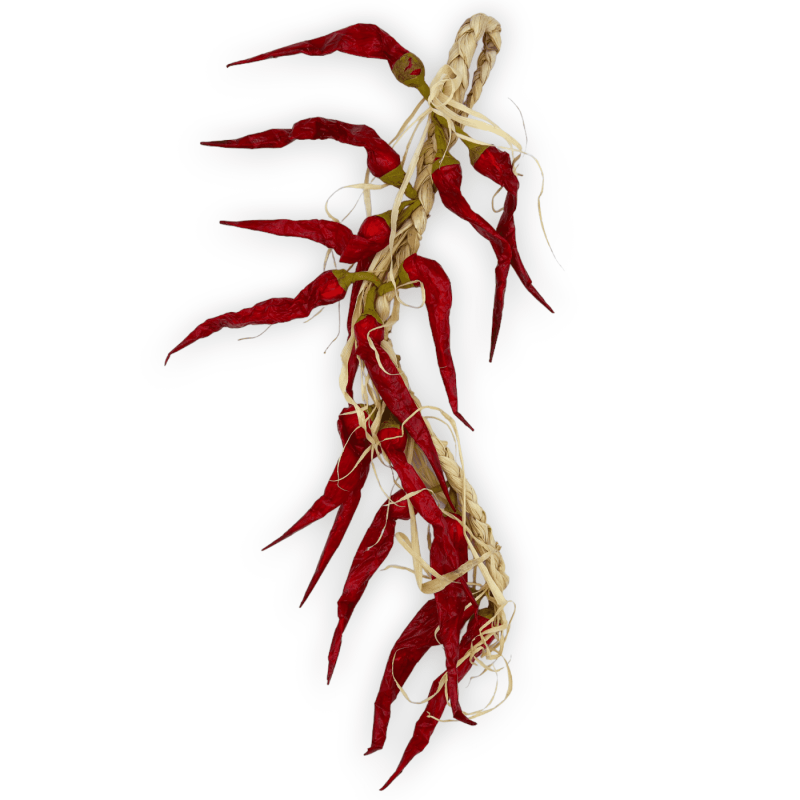 Reproduktion eines Chili-Zopfes aus Papier und Stroh zum Aufhängen, ca. 40 cm hoch. - 