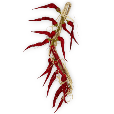 Reproduktion eines Chili-Zopfes aus Papier und Stroh zum Aufhängen, ca. 40 cm hoch. - 