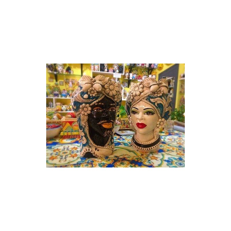 Testa siciliana con Fiori e Frutta ceramica di Caltagirone h 28 cm ca. - 