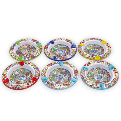 Cenicero de cerámica, con decoración "Sicilia" y mayólica aleatoria - Ø 10 cm aprox. (PC 1) - 