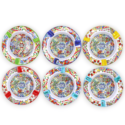 Cenicero de cerámica, con decoración "Sicilia" y mayólica aleatoria - Ø 10 cm aprox. (PC 1) - 