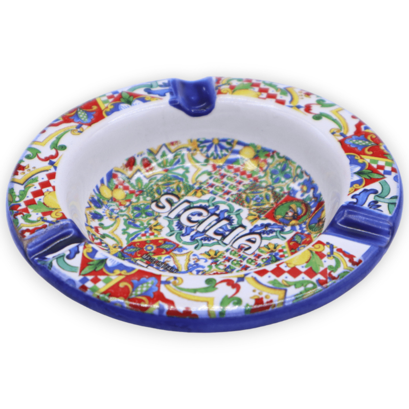 Cenicero de cerámica, con decoración "Sicilia" y mayólica aleatoria - Ø 10 cm aprox. (PC 1) - 