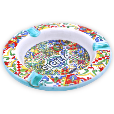 Cenicero de cerámica, con decoración "Sicilia" y mayólica aleatoria - Ø 10 cm aprox. (PC 1) - 