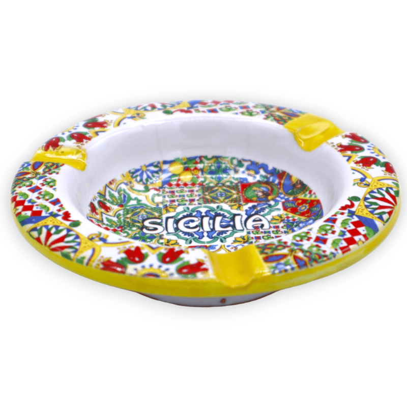 Cinzeiro de cerâmica, com decoração "Sicília" e faiança aleatória - Ø 10 cm aprox. (1Pçs) - 