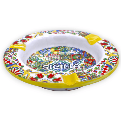 Cenicero de cerámica, con decoración "Sicilia" y mayólica aleatoria - Ø 10 cm aprox. (PC 1) - 