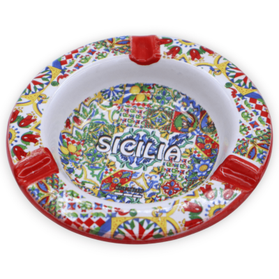 Cenicero de cerámica, con decoración "Sicilia" y mayólica aleatoria - Ø 10 cm aprox. (PC 1) - 