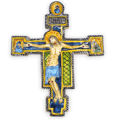 Krucifix av San Benedetto i siciliansk keramik, handdekorerat - h 33 cm och L 27 cm ca. Mod BN - 