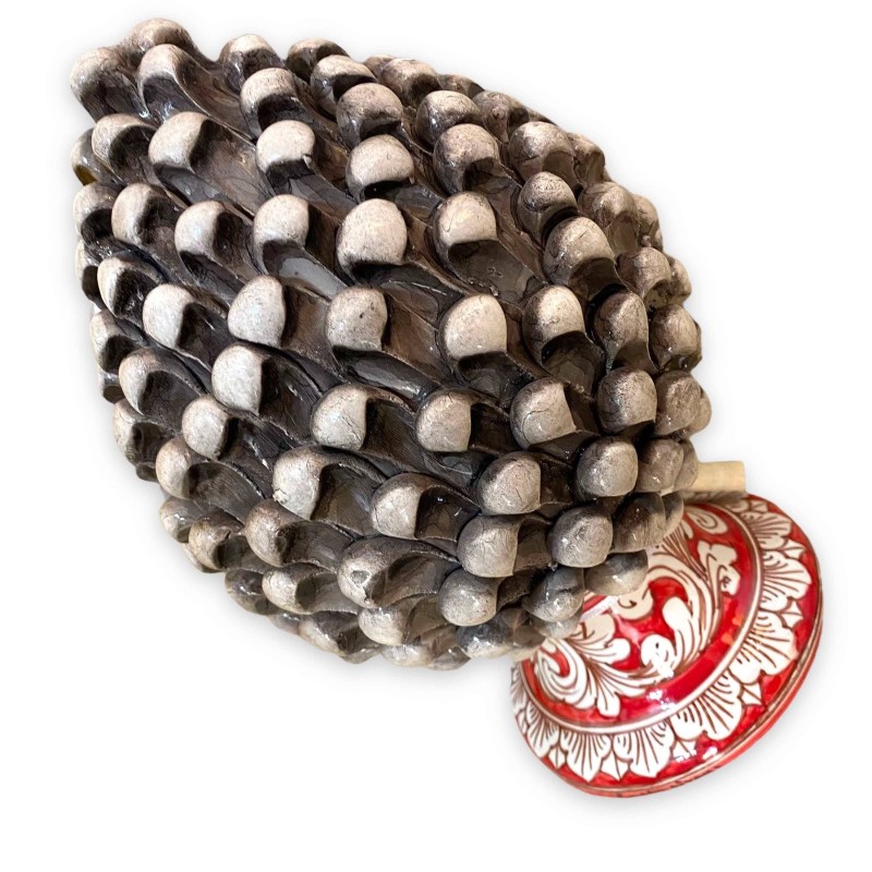 Sicilian pine cone in Caltagirone ceramic, Antique White and baroque decoration stem, h 30 cm approx. - 