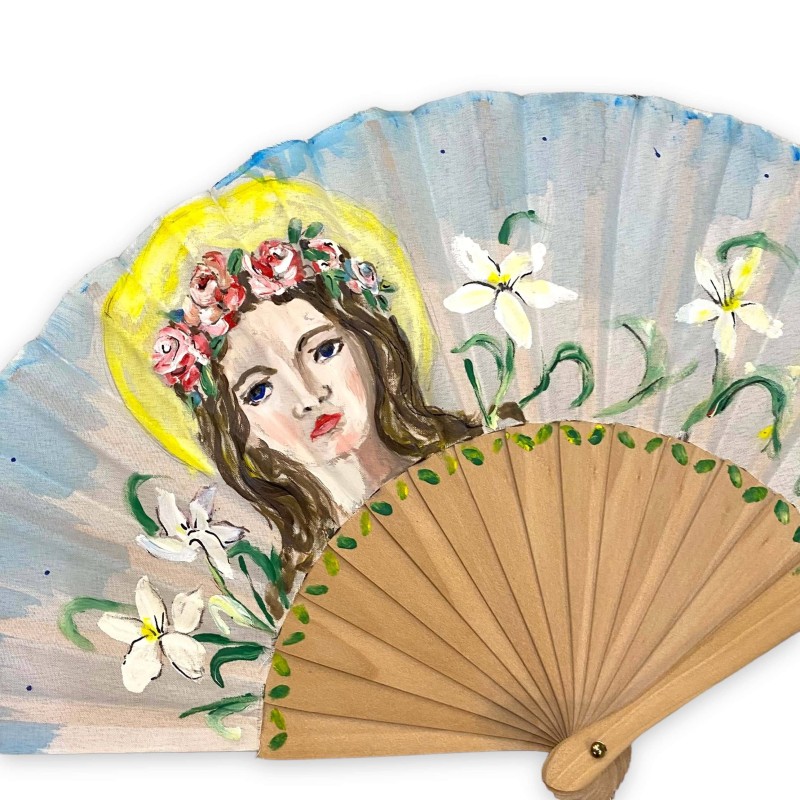 Éventail en pur coton et bois peint à la main, environ h 23 cm. avec sujet SANTA ROSALIA - 