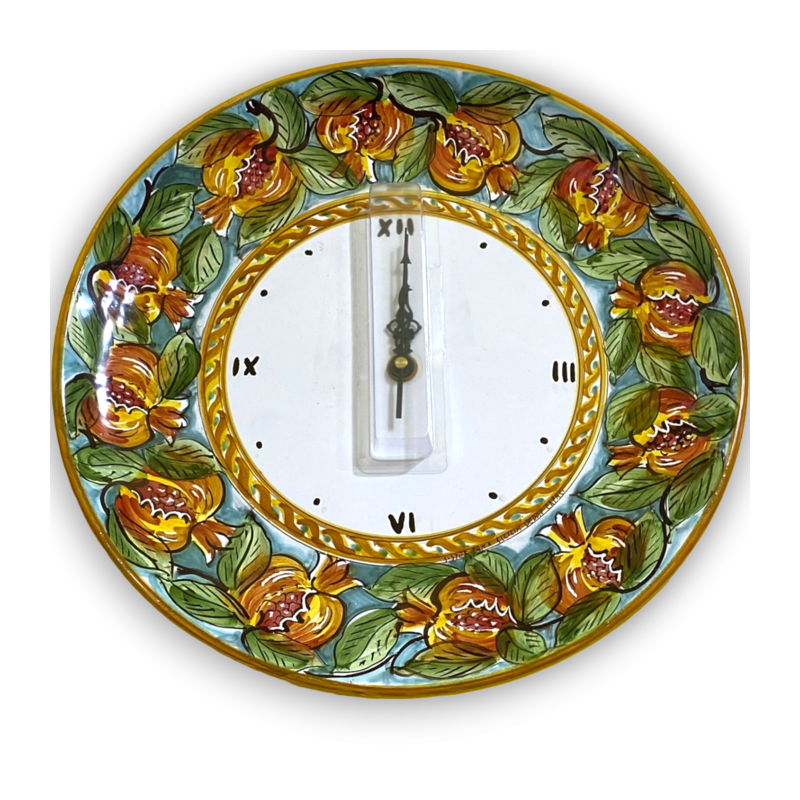 Sizilianische Keramikuhr - Ø ca. 38 cm Komplett mit Ausrüstung, Granatapfel und Blattdekoration - 