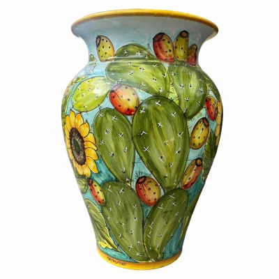 Tarro paraguas grande de cerámica de Caltagirone con decoración de tunas y girasoles - altura 50 cm - 