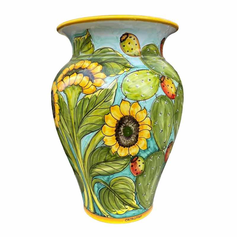 Big Giara umbrella stand in Caltagirone ceramic with prickly pear and sunflowers decoration - height 50 cm - 