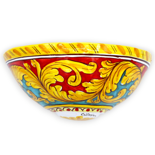 Cesta de cerámica de Caltagirone, decoración barroca sobre fondo rojo y verde - L 22 x h 12 cm aprox. - 