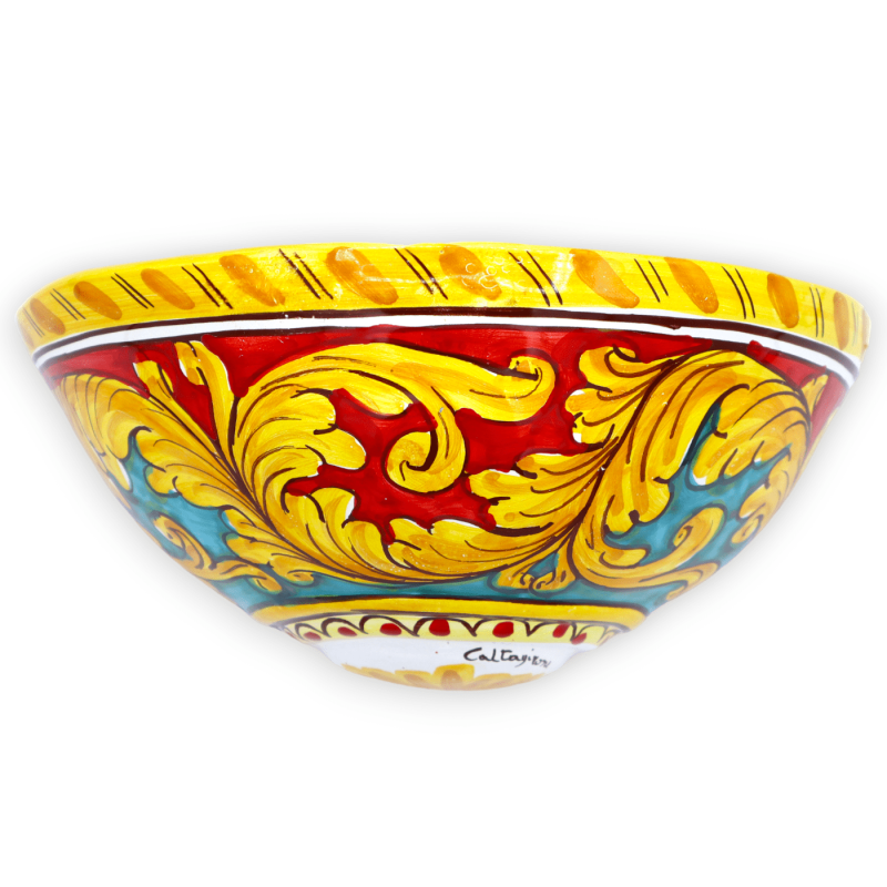 Caltagirone keramisk korg, barockdekoration på röd och grön bakgrund - L 22 x H 12 cm ca. - 