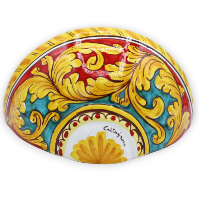 Caltagirone keramisk korg, barockdekoration på röd och grön bakgrund - L 22 x H 12 cm ca. - 
