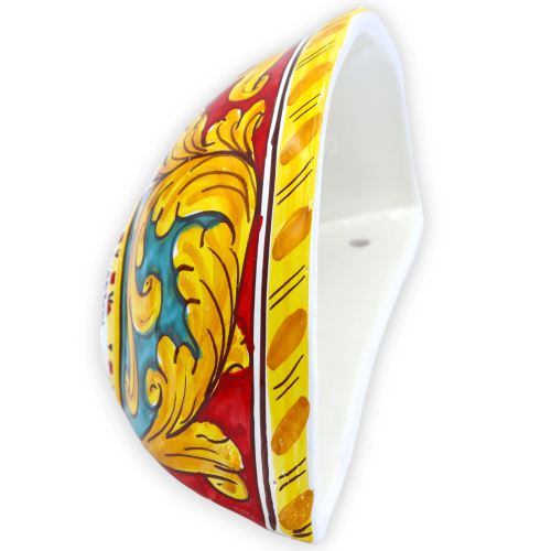 Cesta de cerámica de Caltagirone, decoración barroca sobre fondo rojo y verde - L 22 x h 12 cm aprox. -  2