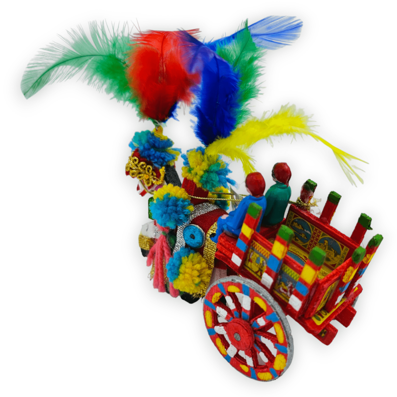Carroça Siciliana com Cavalo 100% Artesanal em Madeira, Tecido e Decorações de Penas, com 4 opções de tamanhos (1 unidad