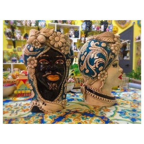 Cabeza siciliana con flores y frutos de cerámica de Caltagirone h unos 28 cm. -  2