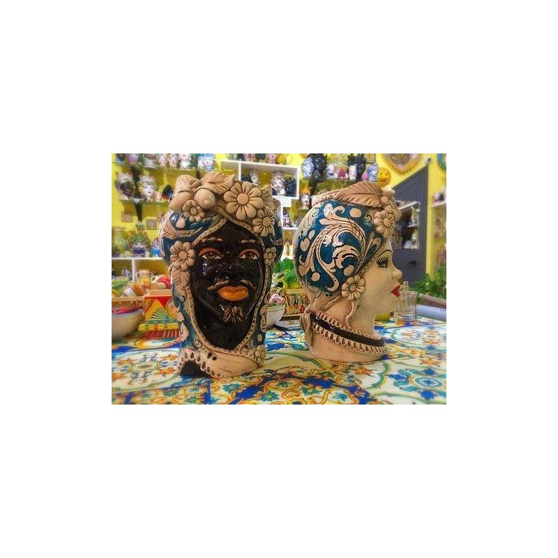 Testa siciliana con Fiori e Frutta (1Unità) ceramica di Caltagirone h 28 cm ca. - 