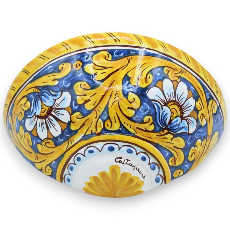 Valise en céramique Caltagirone, décor baroque et fleurs sur fond bleu - 25 L x 11 h cm environ. - 