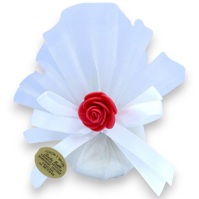 Saccoccino Bianco in Velo di fata con 5 Confetti - colore dei nastri e fiore a scelta (1Unità) - 