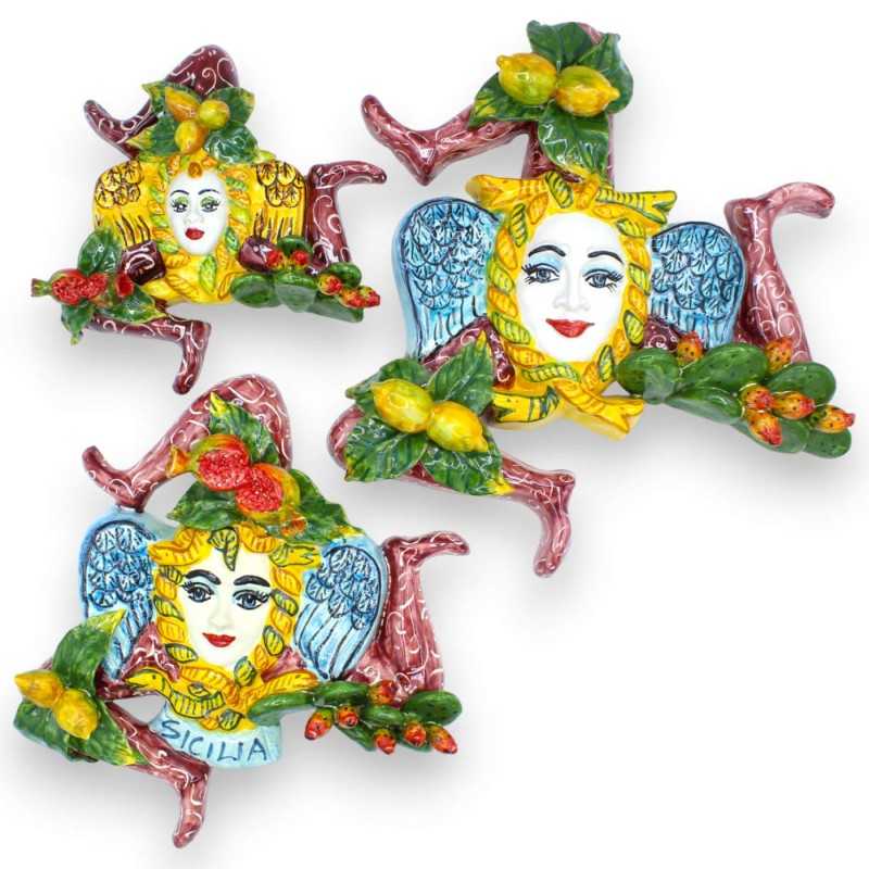 Sicilian ceramic trinacria, with fruit applications and prickly pear blade, burgundy background - with three size option