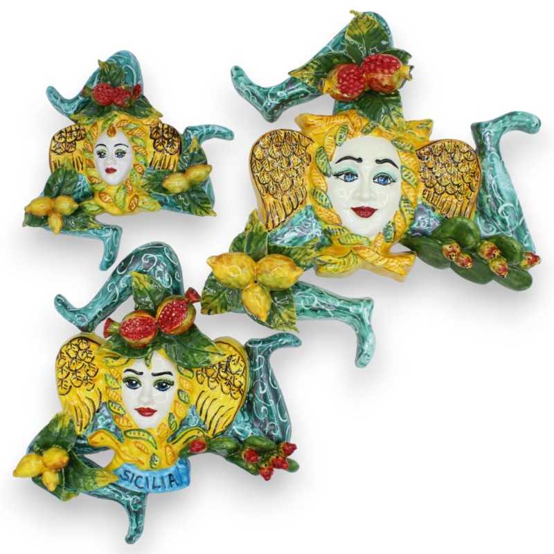Sicilian ceramic trinacria, With fruit applications and prickly pear blade, verdigris background - with three size optio