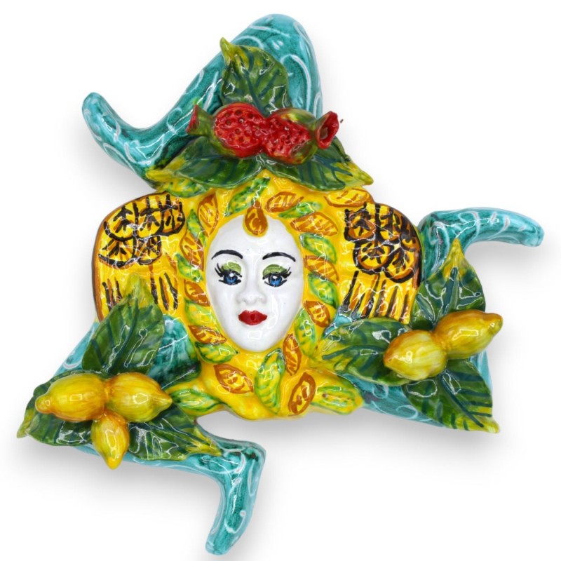 Trinacria de cerâmica siciliana com aplicações de frutas mistas e figo da Índia, fundo verdete - com três opções de tama