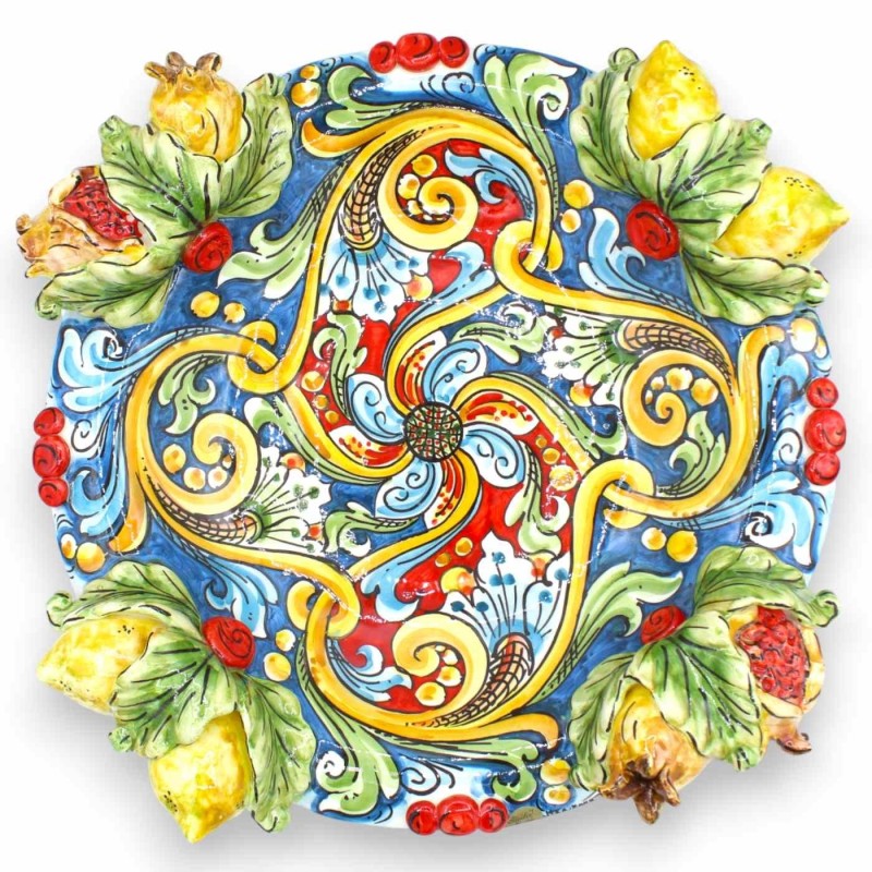 Centre de table en céramique Caltagirone - Ø 40 cm et h environ 12 cm. décoration baroque et florale avec citrons et gre
