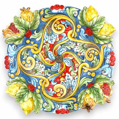 Centre de table en céramique Caltagirone - Ø 40 cm et h environ 12 cm. décoration baroque et florale avec citrons et gre