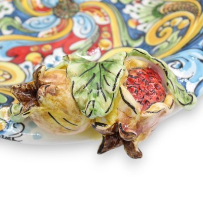 Element centralny z ceramiki Caltagirone, dekoracja barokowa i kwiatowa z aplikacjami owocowymi - Ø 40 cm i wys. 12 cm o