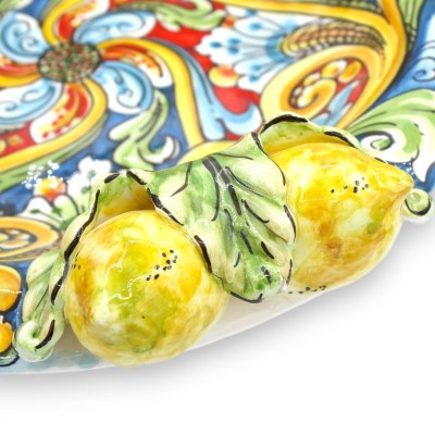 Centre de table en céramique Caltagirone - Ø 40 cm et h environ 12 cm. décoration baroque et florale avec citrons et gre