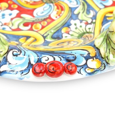 Centre de table en céramique Caltagirone - Ø 40 cm et h environ 12 cm. décoration baroque et florale avec citrons et gre