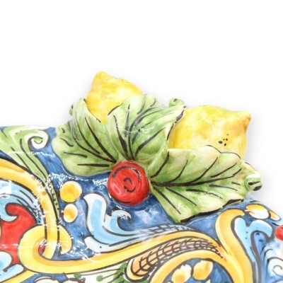 Centre de table en céramique Caltagirone - Ø 40 cm et h environ 12 cm. décoration baroque et florale avec citrons et gre
