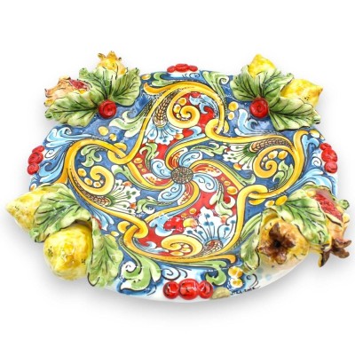 Centre de table en céramique Caltagirone - Ø 40 cm et h environ 12 cm. décoration baroque et florale avec citrons et gre