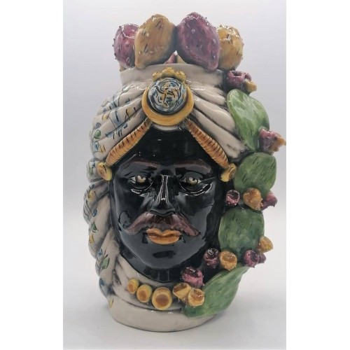 Teste di Moro Siciliane (1Unità) h 29 cm ca. ceramica Caltagirone con corona ficodindia e turbante