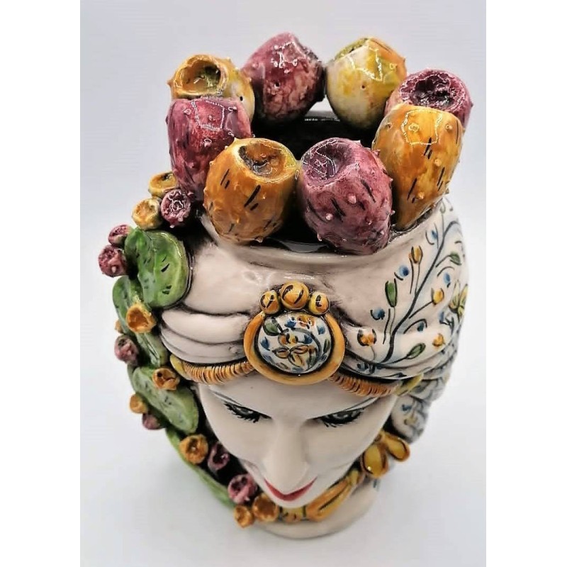 Sizilianische Maurenköpfe (1 Stück) ca. H 29 cm. Caltagirone-Keramik mit Feigenkaktuskrone und Turban - 