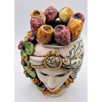 Sicilianska moriska huvuden (1 st) ca h 29 cm. Caltagirone keramik med prickly pear krona och turban - 