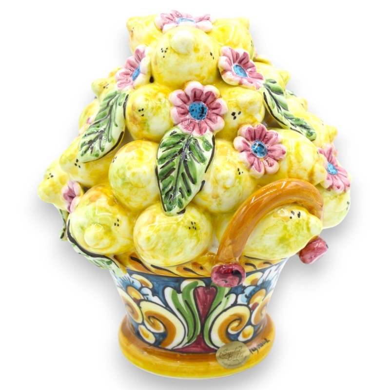 Caltagirone-Keramikkorb, H ca. 20 cm. Multi-Dekoration mit Applikationen aus Zitronen, Blumen und Blättern - 