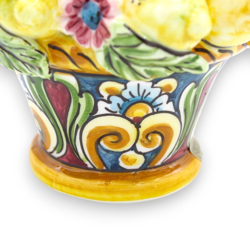 Caltagirone-Keramikkorb, H ca. 20 cm. Multi-Dekoration mit Applikationen aus Zitronen, Blumen und Blättern - 