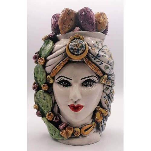 Têtes de Maures Siciliens (1pc) environ h 29 cm. Céramique de Caltagirone avec couronne et turban en figue de Barbarie - 2