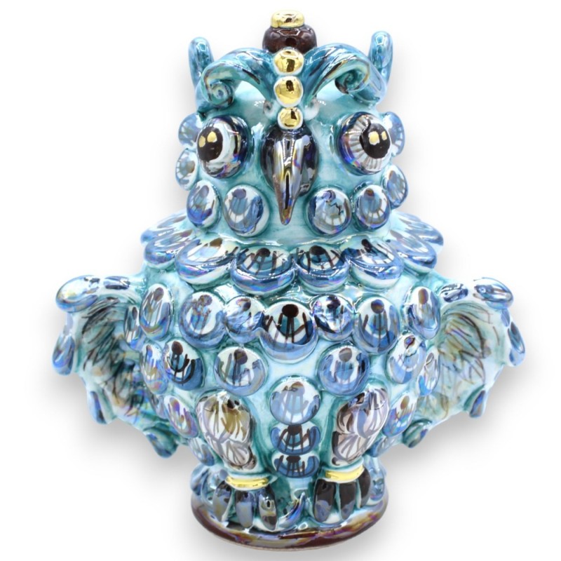 Gufo con decori in rilievo ceramica Caltagirone h 16 / 17 cm ca. - smalto madreperla con dettagli oro zecchino 24k (1Uni