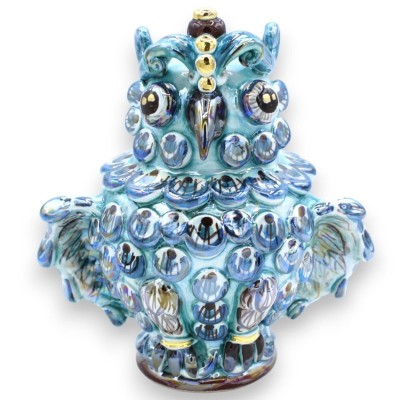 Gufo con decori in rilievo ceramica Caltagirone h 16 / 17 cm ca. - smalto madreperla con dettagli oro zecchino 24k (1Uni