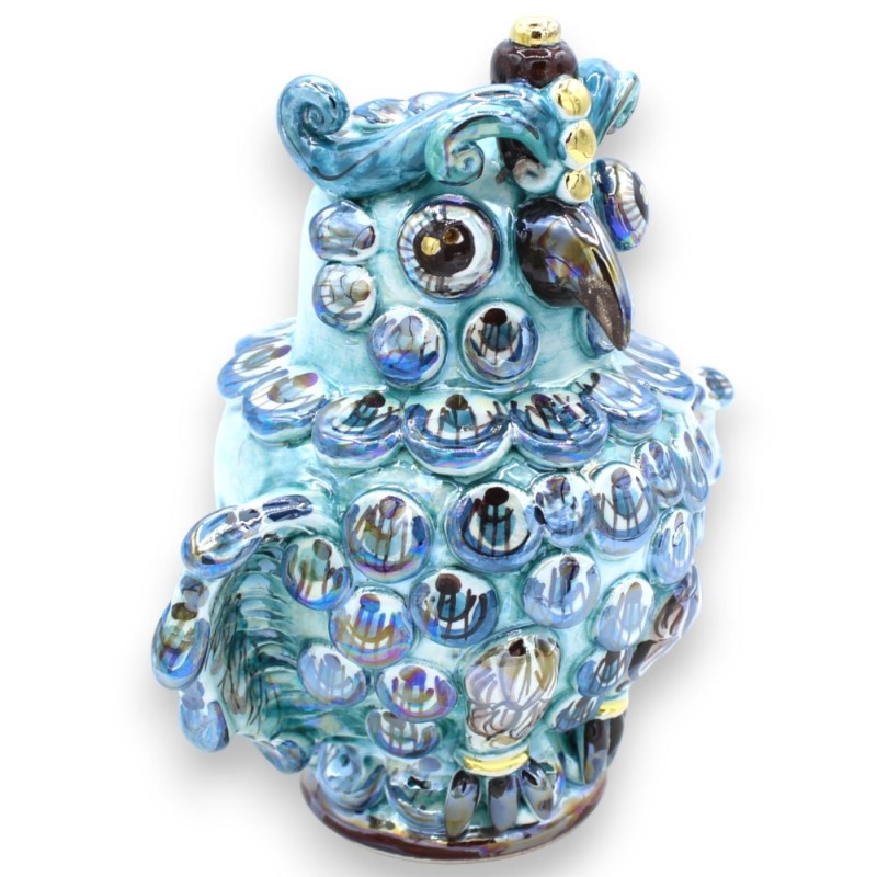 Gufo con decori in rilievo ceramica Caltagirone h 16 / 17 cm ca. - smalto madreperla con dettagli oro zecchino 24k (1Uni
