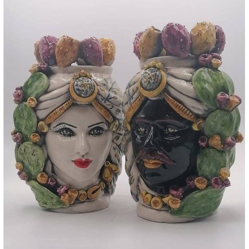 Siciliaanse Moorse hoofden (1st) ca. h 29 cm. Caltagirone keramiek met cactusvijg kroon en tulband - 
