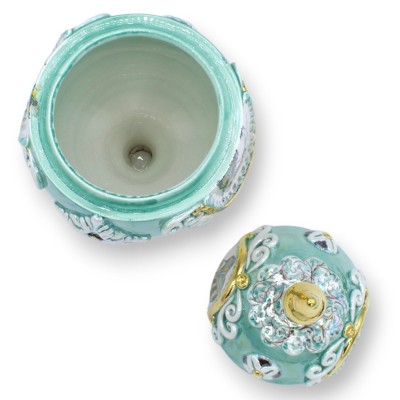 Egg in Caltagirone ceramic in Fabergè style, h30 cm approx. - with reliefs in 24k pure gold enamel and miniatures, coppe