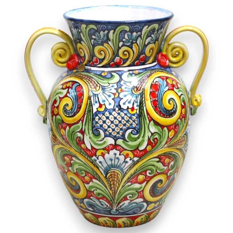Vaso Quartara em cerâmica Caltagirone com alças - h 40 cm aprox. Decoração floral barroca e multicolorida - 