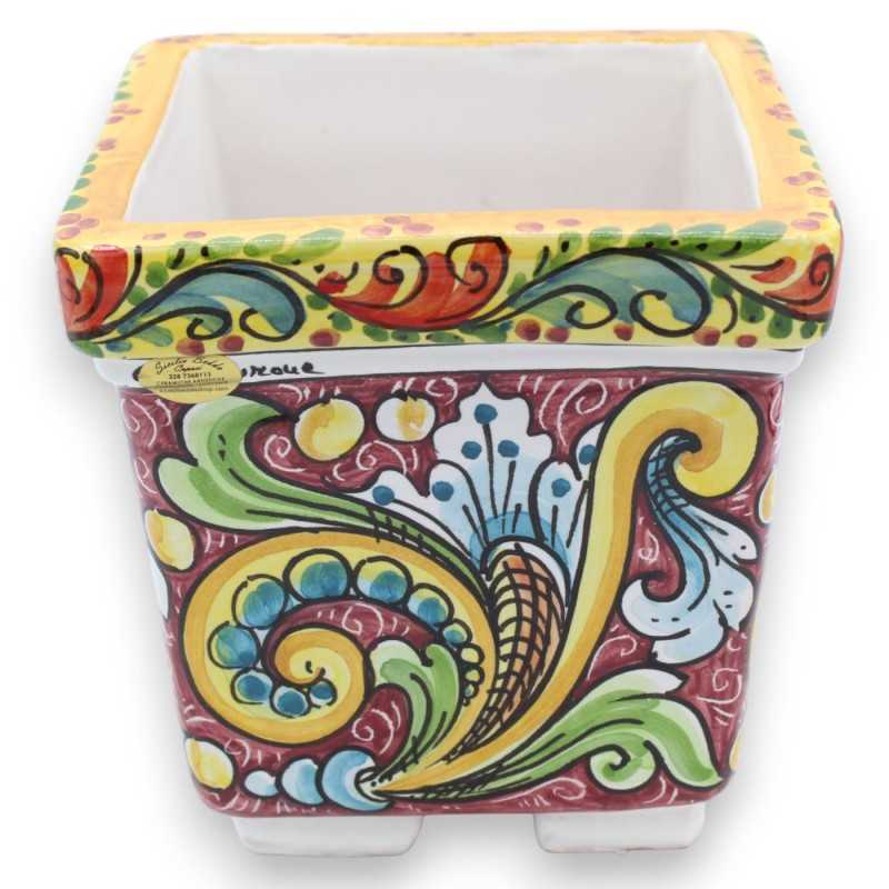 Square vase in Caltagirone ceramic, baroque and floral decoration on a burgundy background, with two size options (1pc) 