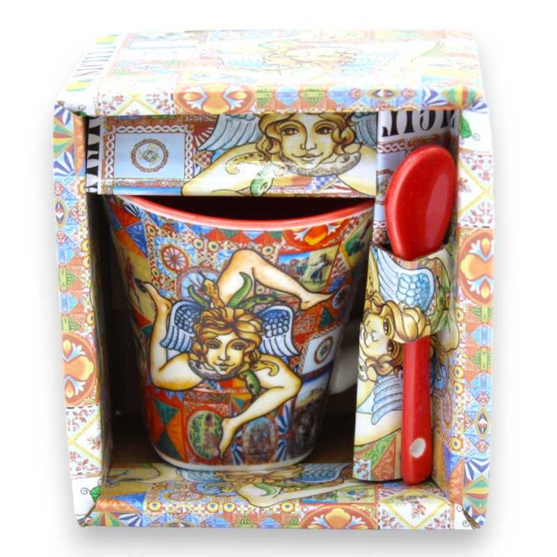 Taza de cerámica con cuchara - h 7 x l 9 cm aprox. - Estampado Trinacria y mayólica siciliana, caja incluida - 