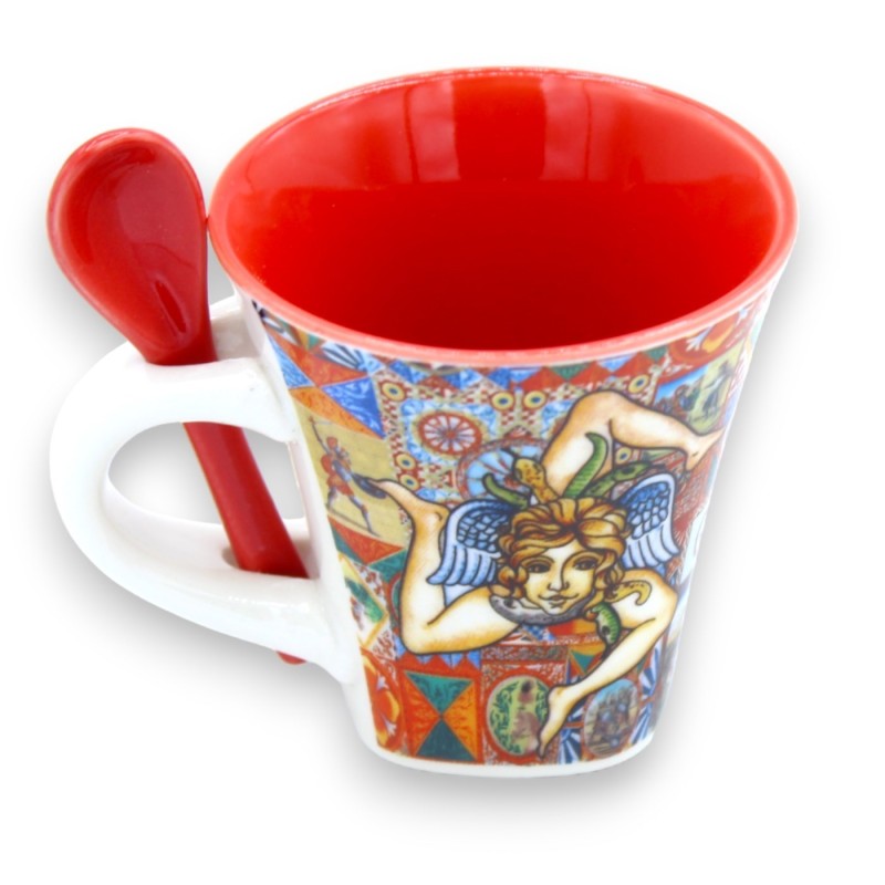 Taza de cerámica con cuchara - h 7 x l 9 cm aprox. - Estampado Trinacria y mayólica siciliana, caja incluida. - 